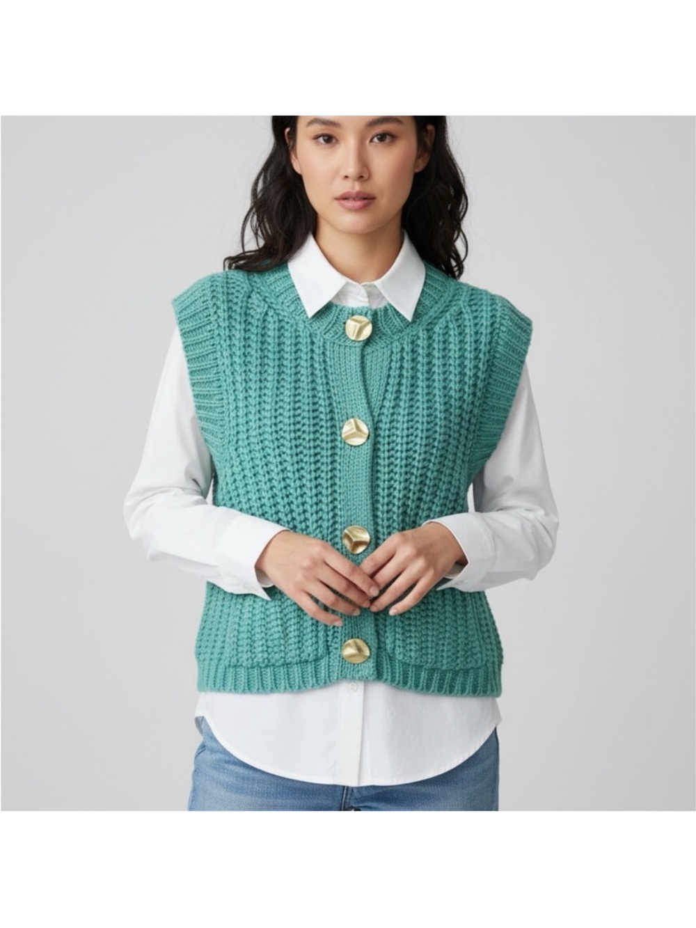 Cotton-Blend Chunky Knit Button Front Vest - Seafoam Green